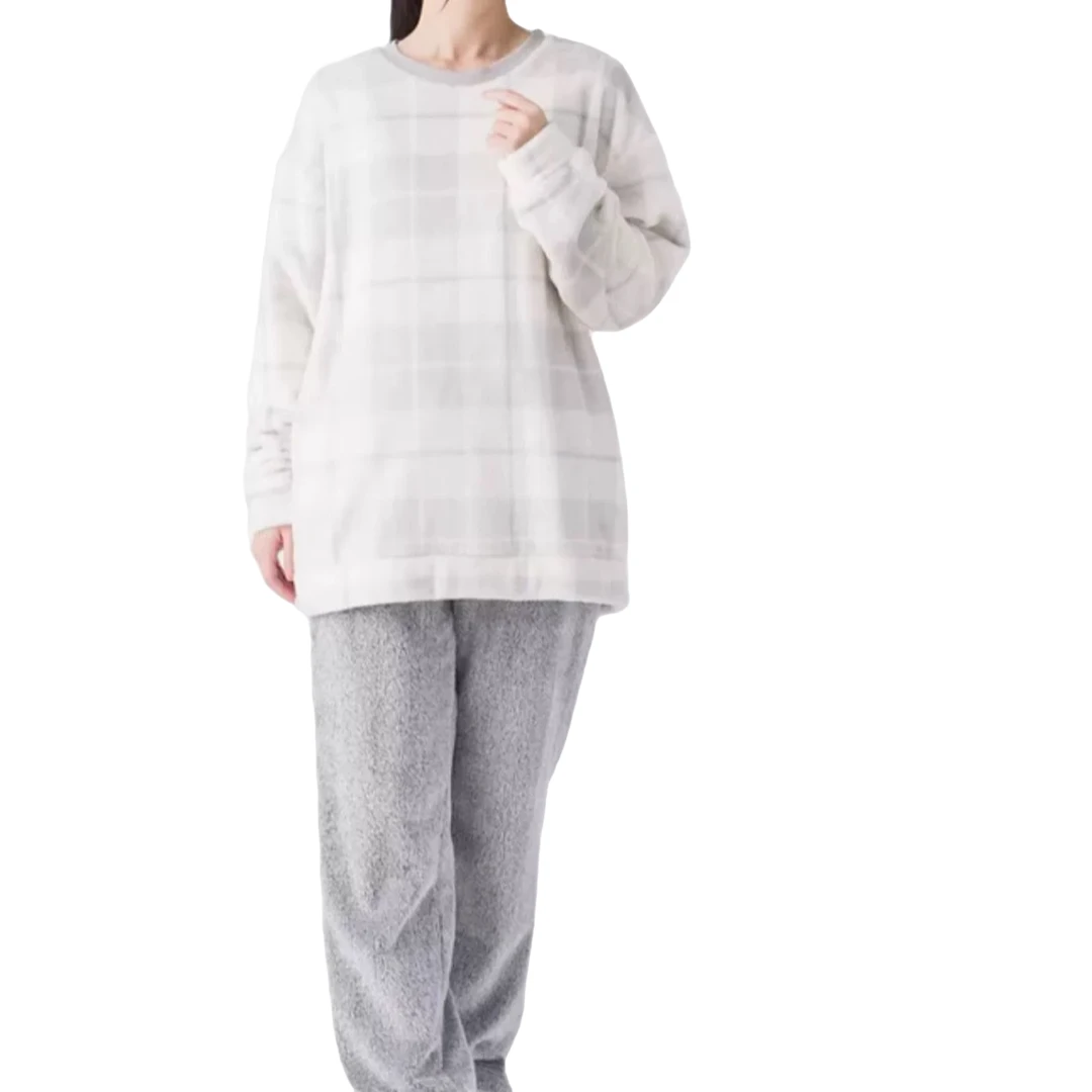 男女家居服保暖加厚宽松睡衣睡衣女套装冬季秋冬长袖加绒格纹灰色