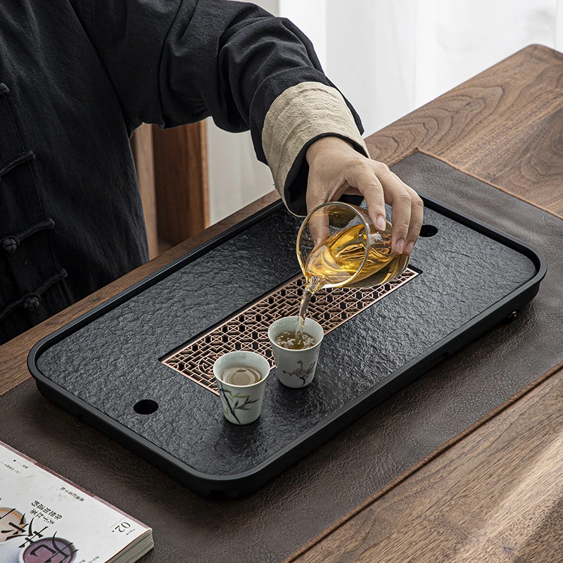 乌金瓷石茶盘家用茶具茶台储水排水式干泡台石头轻奢现代茶盘托盘