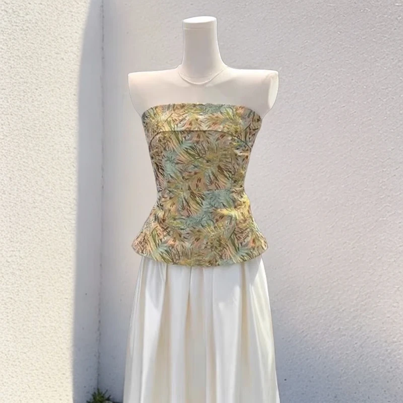 法式复古一字肩抹胸夏季2024新款收腰显瘦气质背心无袖印花上衣女