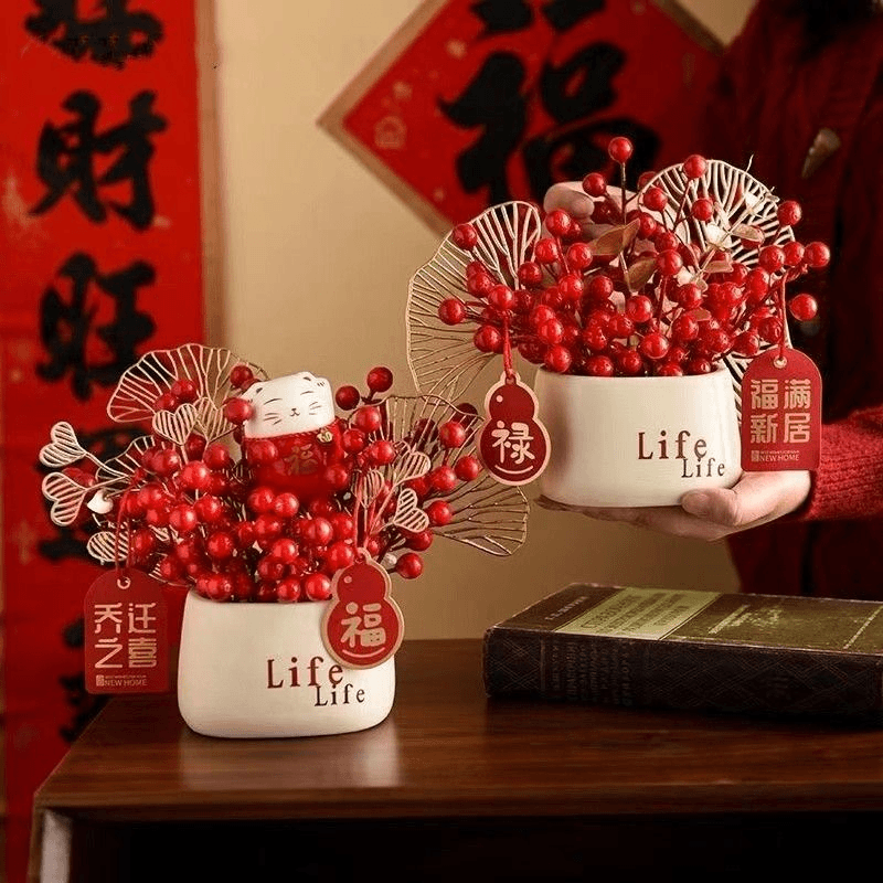 发财果红果过新年喜庆仿真花假花摆设客厅花摆花装饰花艺摆件