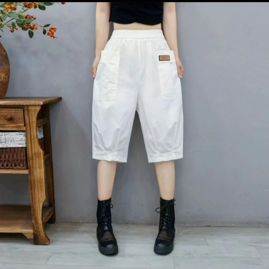 秀金云 2023夏季新款时尚百搭高腰显瘦大口袋贴布休闲裤女六分裤