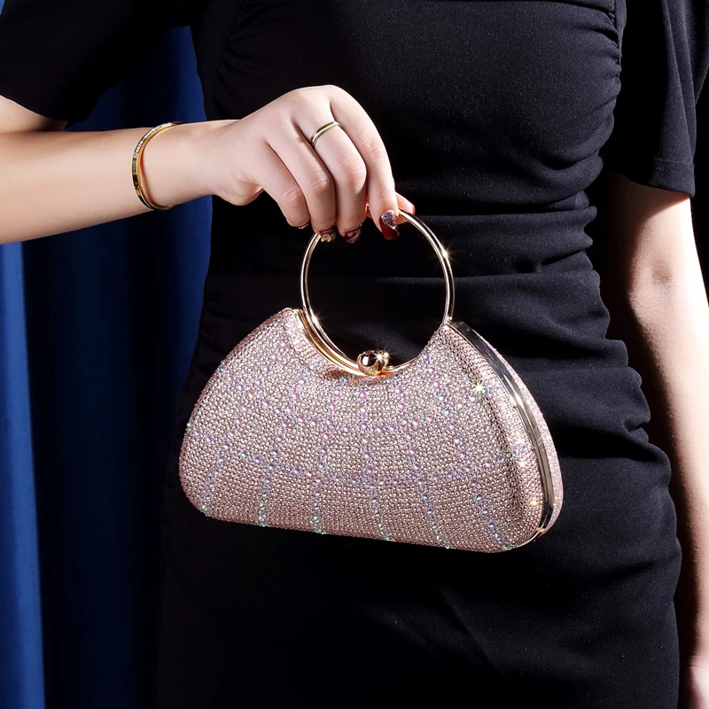 高档闪闪镶钻宴会包圆环手提小包包链条单肩小包名媛红毯走秀手包