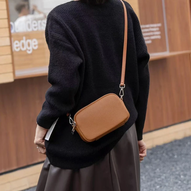 2025新款时尚简约真皮单肩斜挎小方包女百搭牛皮双拉链手机零钱包