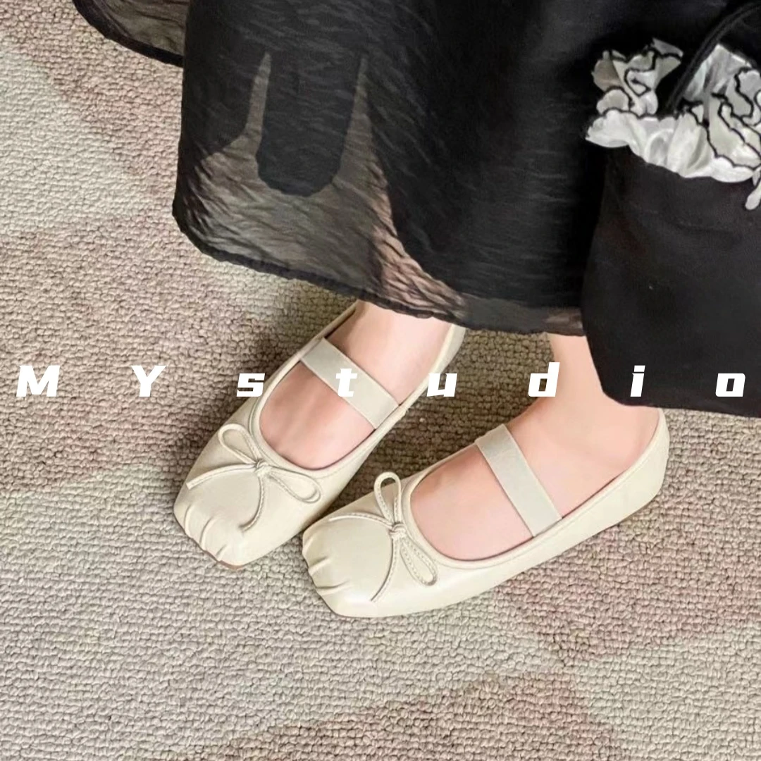 MYstudio法式晚风松紧带新款蝴蝶结圆头平底真皮仙女风浅口芭蕾鞋