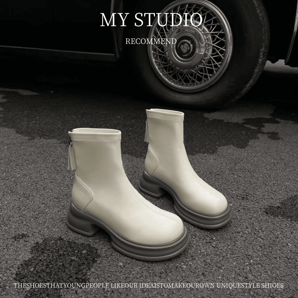 MYstudio2023秋冬新款网红英伦风厚底小个子百搭增高弹力瘦瘦短靴