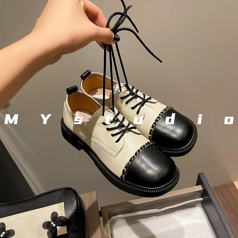 Studio｜MY复古英伦小香风新款链条拼色百搭低跟真皮系带乐福鞋