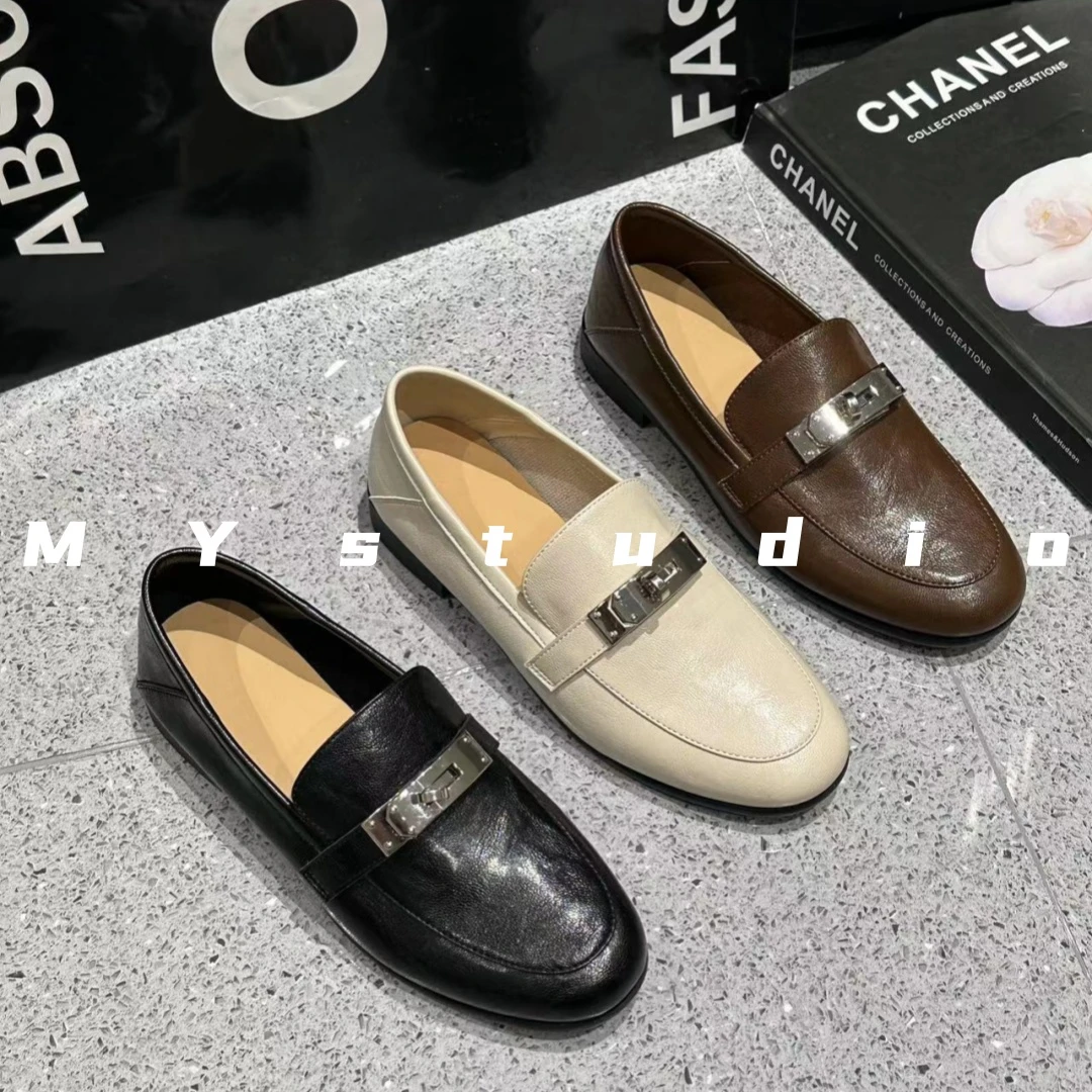 ojaer｜银锁扣~秋季圆头粗跟英伦风懒人真皮复古穆勒乐福小皮鞋