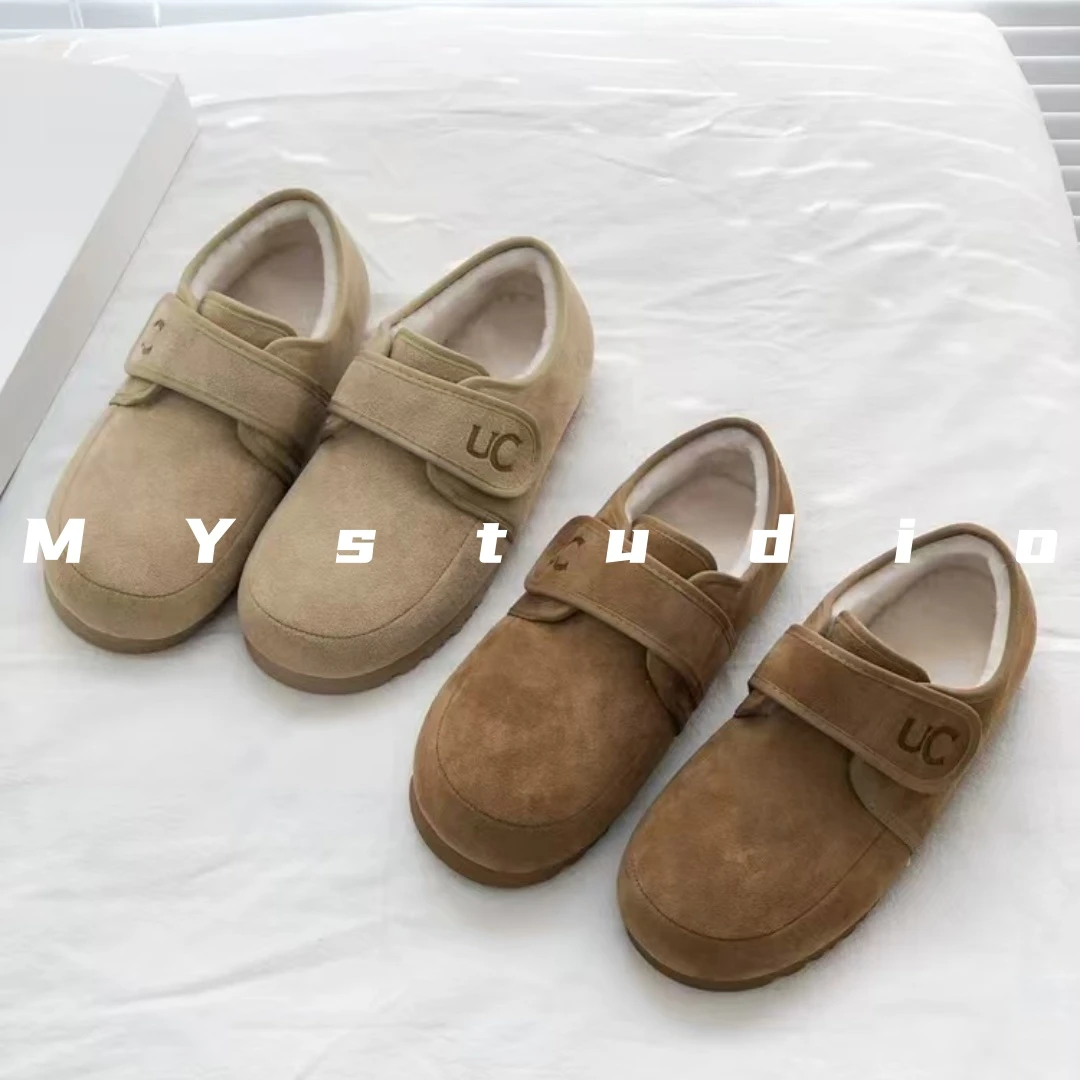 MYstudio｜G家最新复古真皮魔术贴加绒平底保暖慵懒风面包豆豆鞋