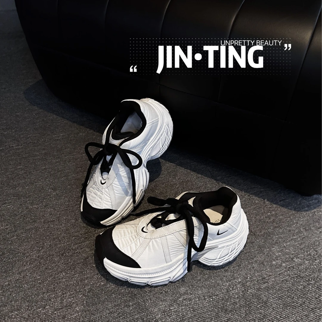 JIN•TING黑白配~欧版超轻厚底增高6cm秋季新款小众做旧复古老爹鞋