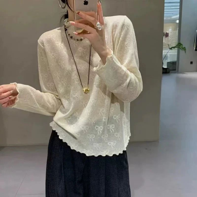 微透蕾丝蝴蝶结衫【89125】