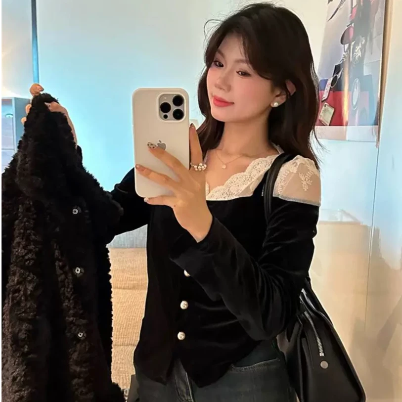 显瘦气质网红秋季新款蕾丝拼接小衫法式复古长袖丝绒上衣【E汇989】