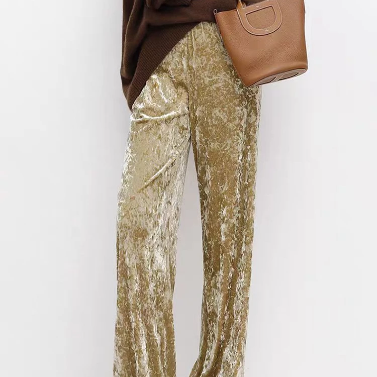 压皱显瘦丝绒裤子高腰休闲时尚宽松秋冬