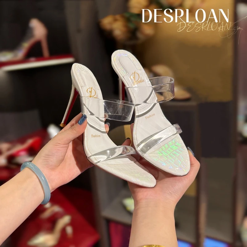 DESROLAN【上新】夏季新款高跟凉鞋红底细跟仙女风透明一字带凉拖