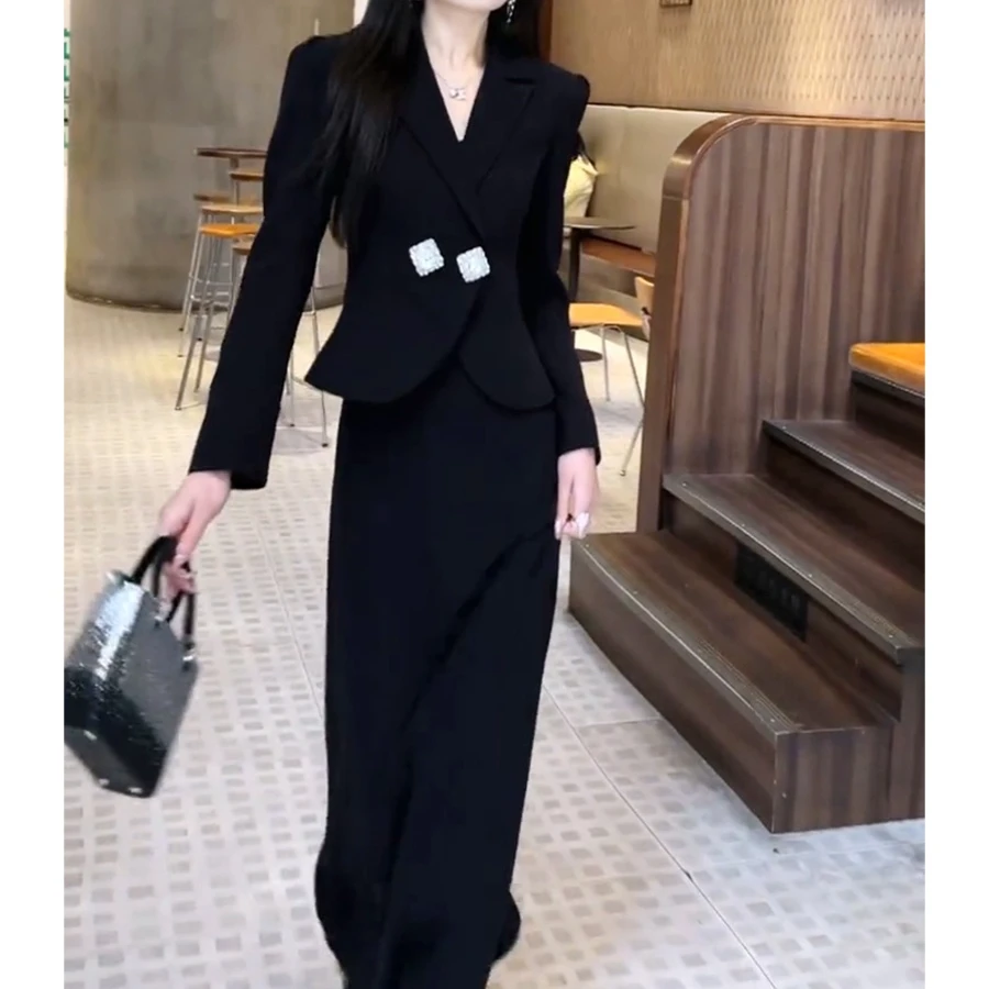 优雅气质外套女2024春季新款时尚别致设计感修身V领长袖+开叉裙