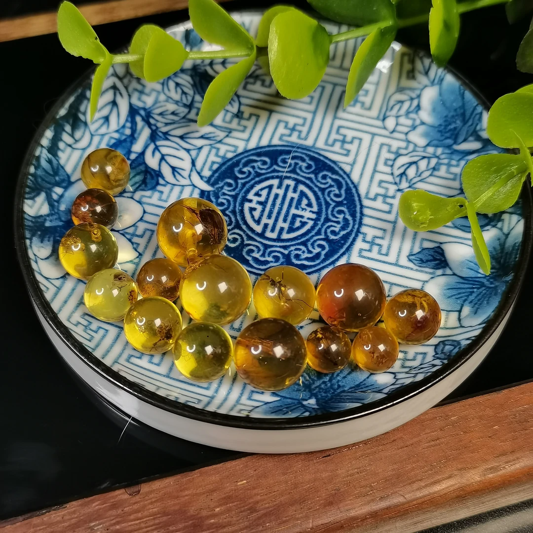 虫珀圆珠天然原矿俄料虫珀圆珠星月金刚菩提手串多宝顶珠配饰