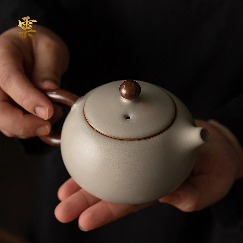 米黄汝窑茶壶西施壶单壶开片可养泡茶冰裂喝茶高端功夫茶具礼盒装