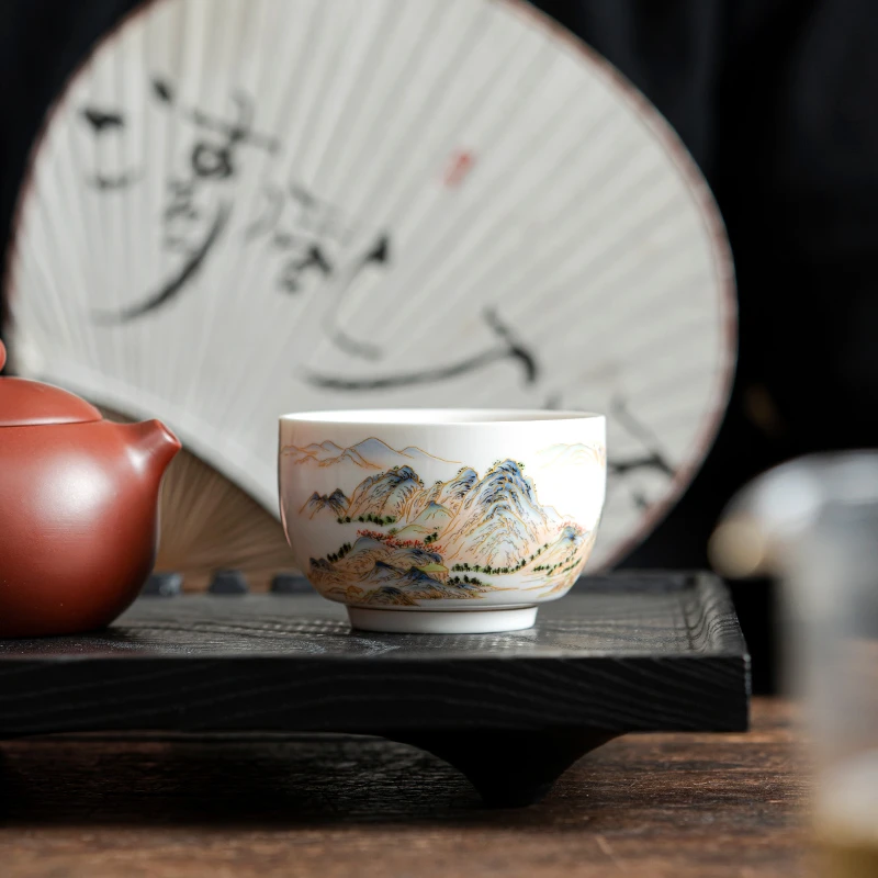 千里江山羊脂玉瓷主人杯禅定杯型喝茶品茗杯高档个人专用国潮送礼