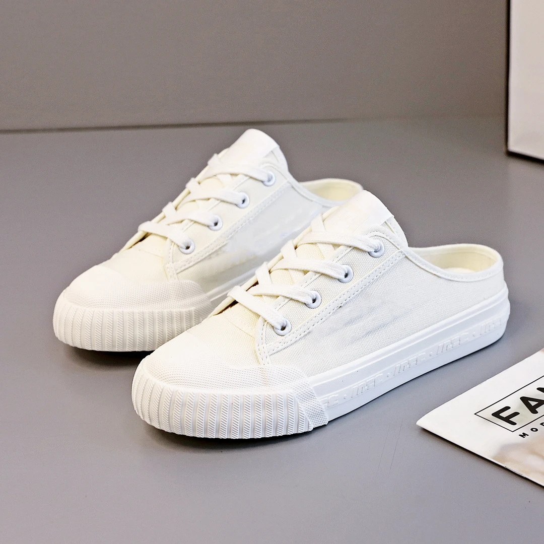 2024夏季新款小白鞋半托凉鞋子透气百搭帆布鞋拖鞋女鞋P207//CL