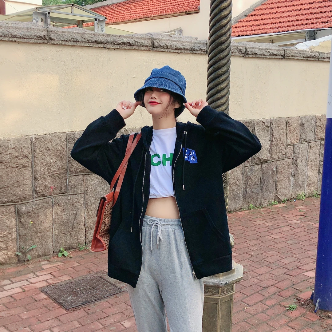 2023秋冬季加厚拉链连帽外套韩版时尚休闲宽松百搭重工刺绣字母女