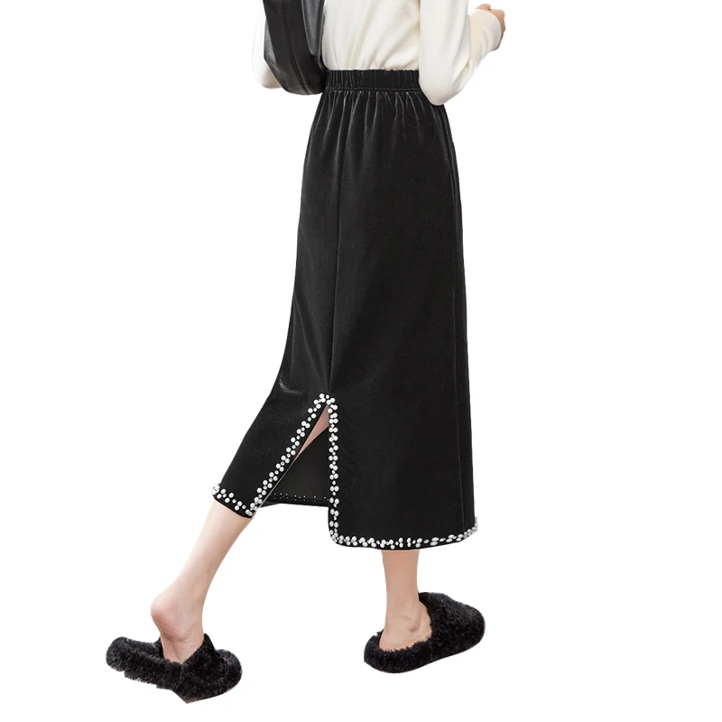 她池2025春装新款女装钉珠镶边开叉松紧高腰半身裙T43B4616B