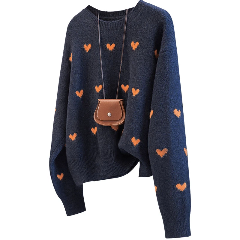 丝柏舍2024冬装新款女时尚撞色爱心落肩袖圆领气质毛衣S43X9972M