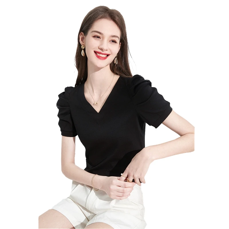 她池2025夏季欧若风春游出行短袖套头纯色V领泡泡袖T恤T32B1578T