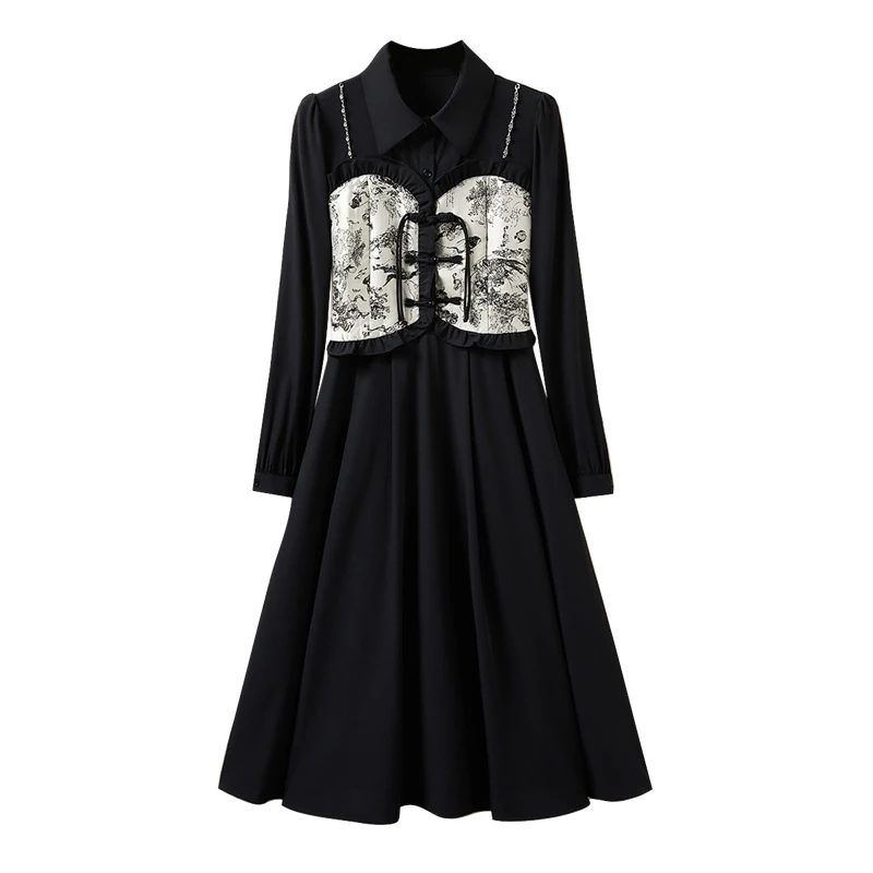 她池2025夏季新款女装国风翻领收腰优雅新中式连衣裙T43Q4658LB