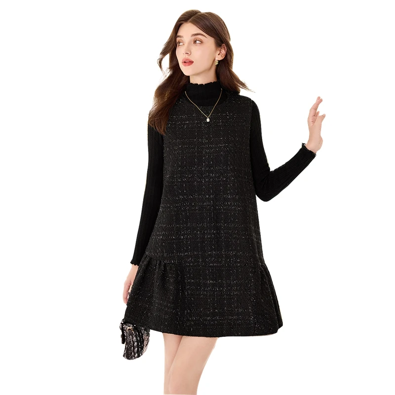 她池2024冬装新款女装时尚无袖小香风背心圆领连衣裙T43B4525L