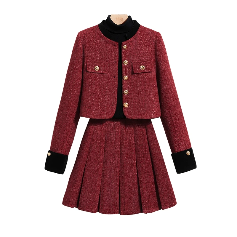 她池2024冬装新款女装外套搭百褶裙两件套小香风套装T43B4559N