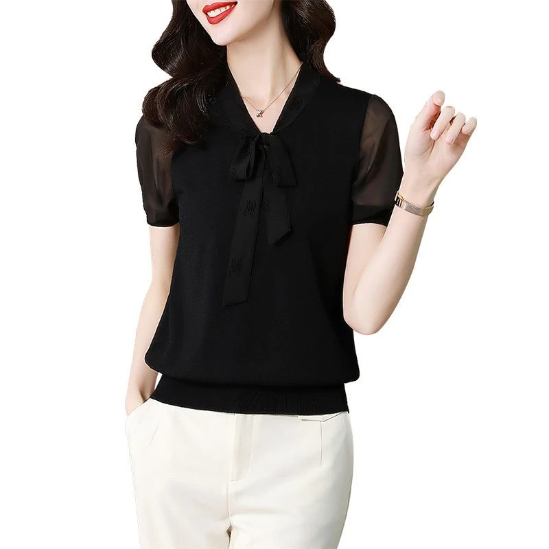 丝柏舍2024夏装新款女简约系带V领拼接短袖纯色针织衫S31T0578ZS