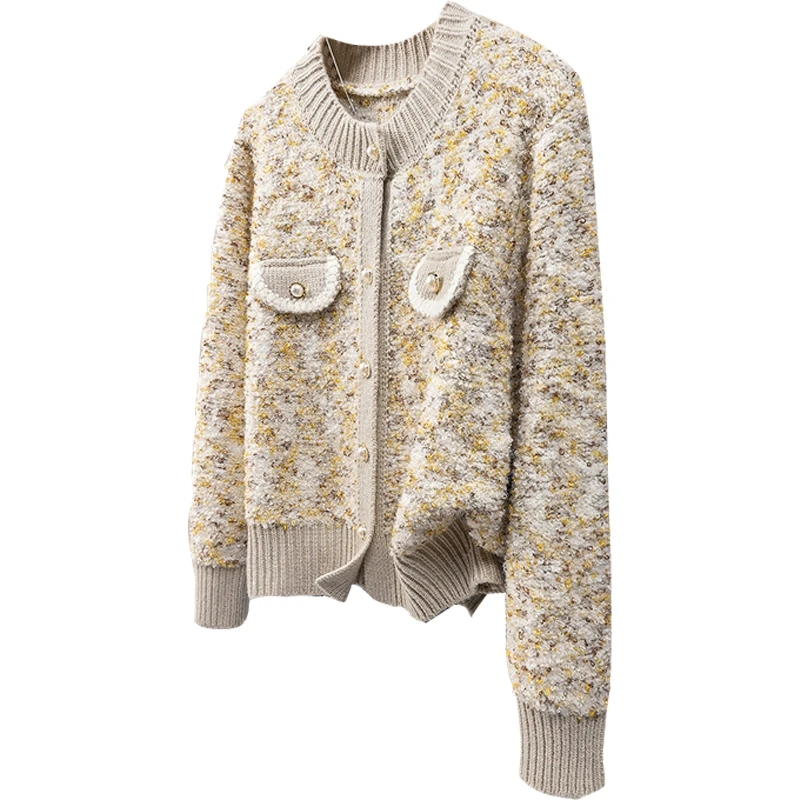 她池2025春欧若风女优雅拼接圆领长袖小香风针织衫T43P0021Z