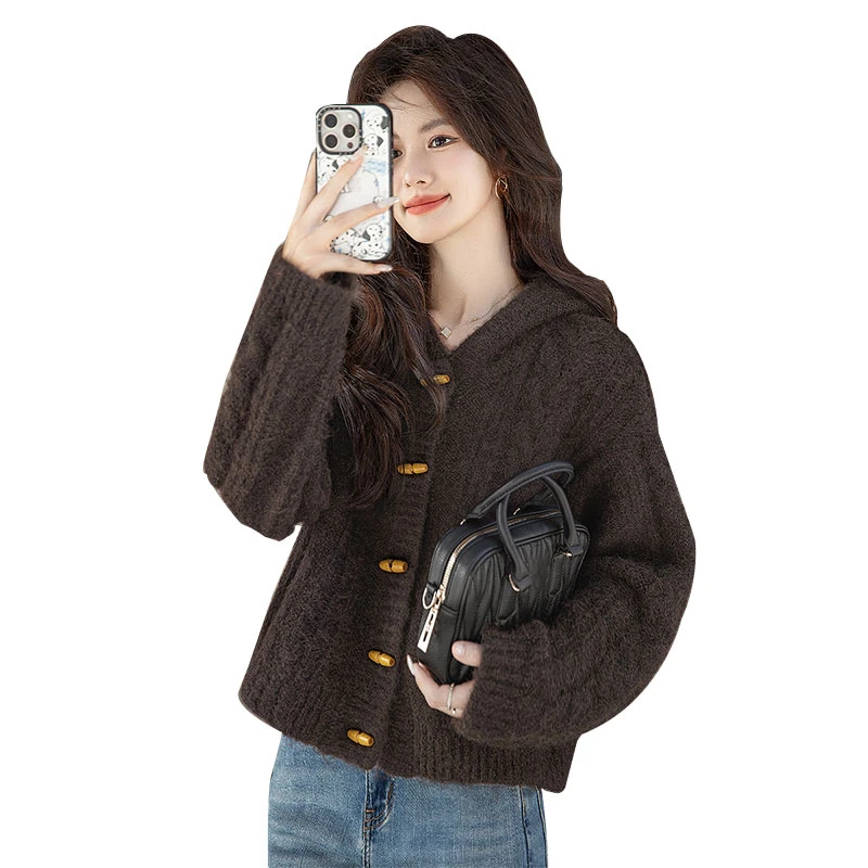 丝柏舍2025春装新款女装连帽麻花牛角扣纯色慵懒风毛衣S43T5294M