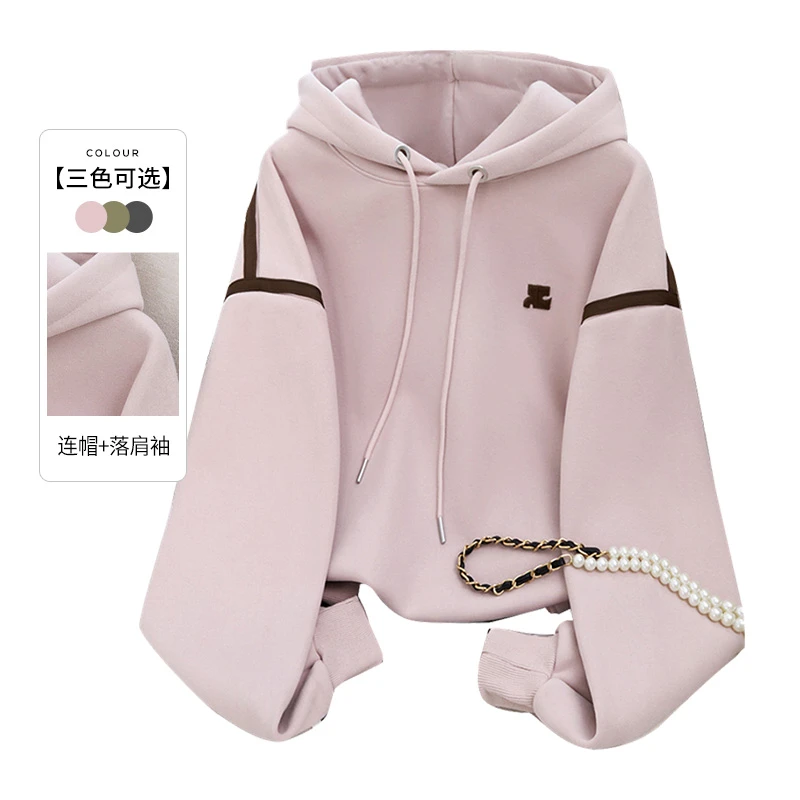 她池2024新款女宽松运动休闲加绒拼色长袖连帽冬装卫衣T34X4782U