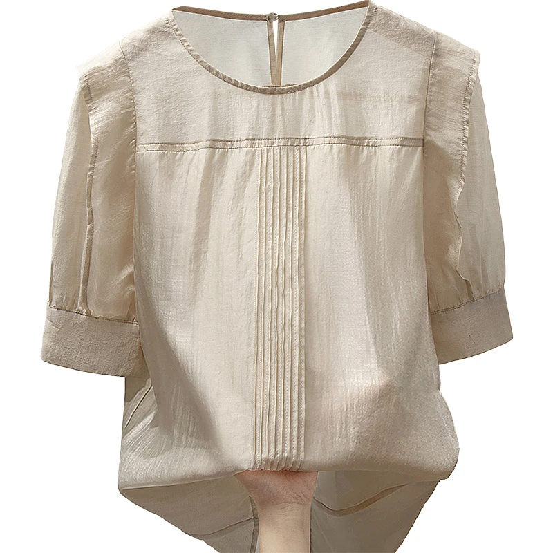 丝柏舍2025莱赛尔夏新款女纯色小众套头拼接薄款衬衫S32B2128C