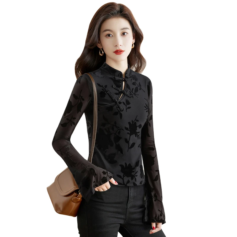 丝柏舍2024冬装新款女新中式长袖显瘦盘扣中国风打底衫S43B7052E