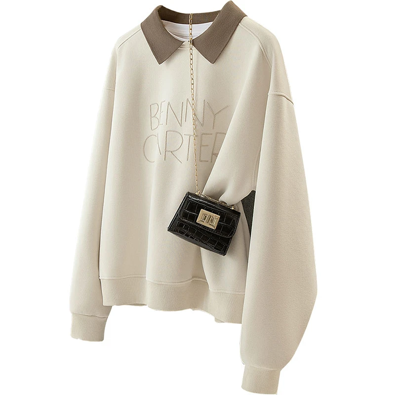 丝柏舍2025春欧若风女宽松休闲简约撞色翻领长袖卫衣S43X9295U