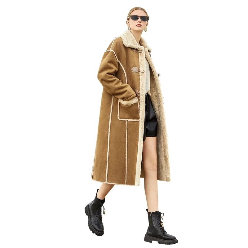她池2024春装新款女时尚长袖宽松单排扣中长款翻领大衣T34Q4623D