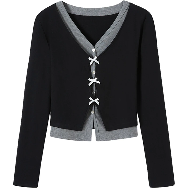 她池2024冬装新款女装假两件蝴蝶结装饰V领设计感打底衫T43X5436E