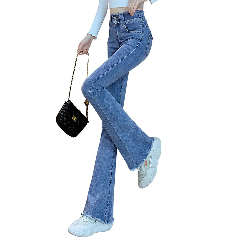 丝柏舍2025棉秋季欧若风女水洗长款修身毛边微喇牛仔裤S31K1241KS