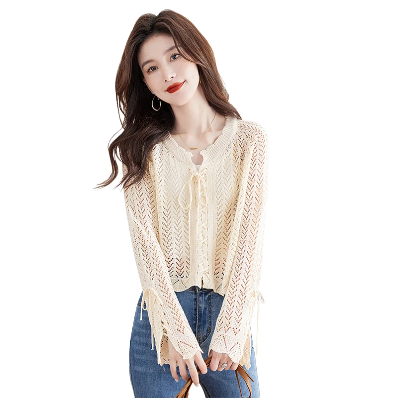 丝柏舍2025秋装新款女慵懒甜美宽松长袖纯色镂空针织衫S33P0023ZS