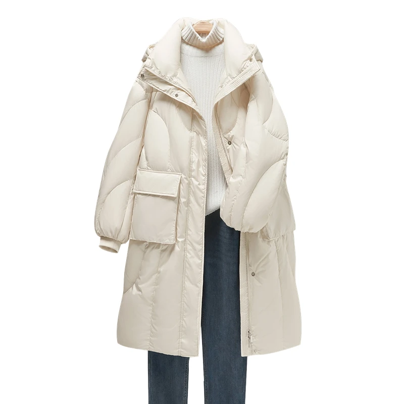 她池2024冬装新款女装气质口袋连帽长袖休闲羽绒服T34B4602Y