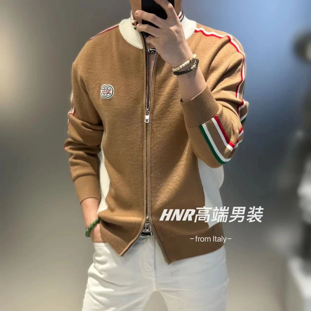 胸标双拉链撞色拼接袖子新款高端男士时尚休闲百搭潮流夹克202495