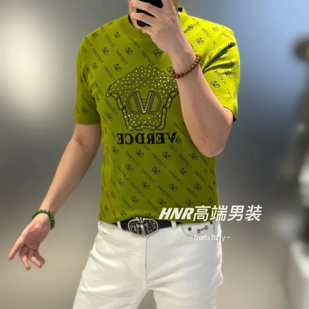 字母美人头图案烫钻新款高端男士百搭休闲时尚潮流圆领T恤24073