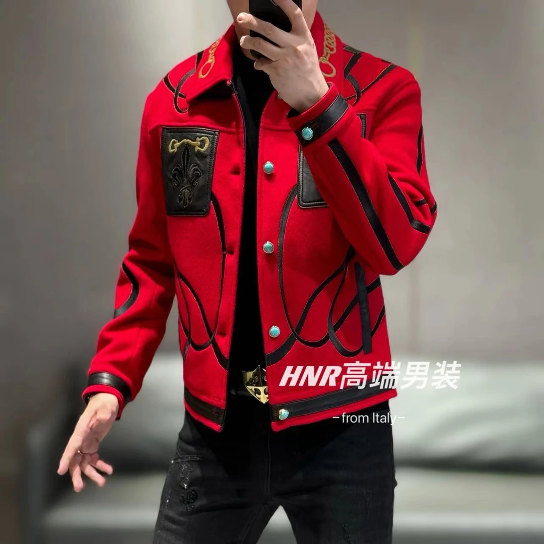 【乔治雷迪尼品牌】绵羊皮不规则线条拼接男士夹克羊毛外套8037
