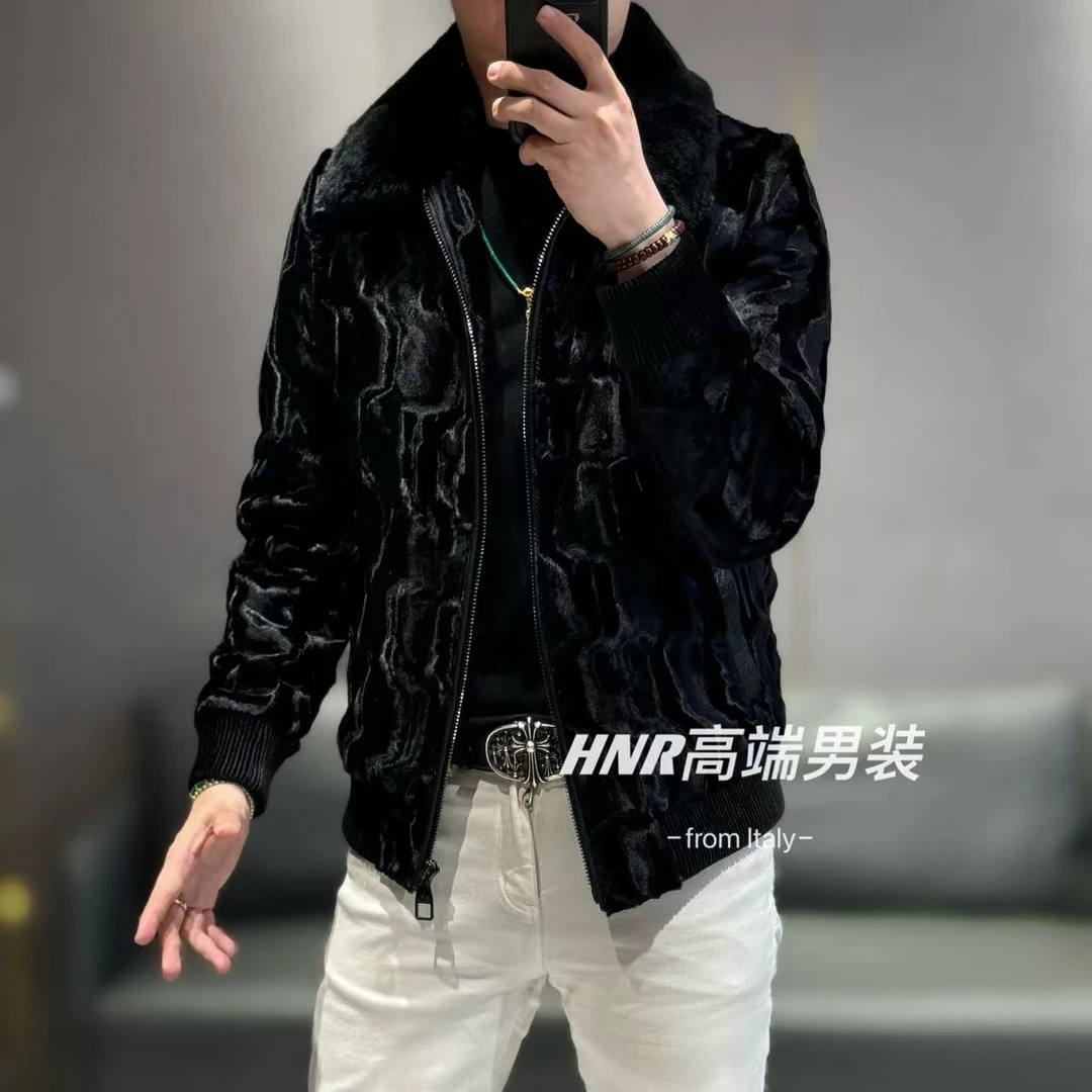 1【鹅绒】獭兔毛领绵羊皮拼接翻领新款高端男士百搭休闲羽绒服9185