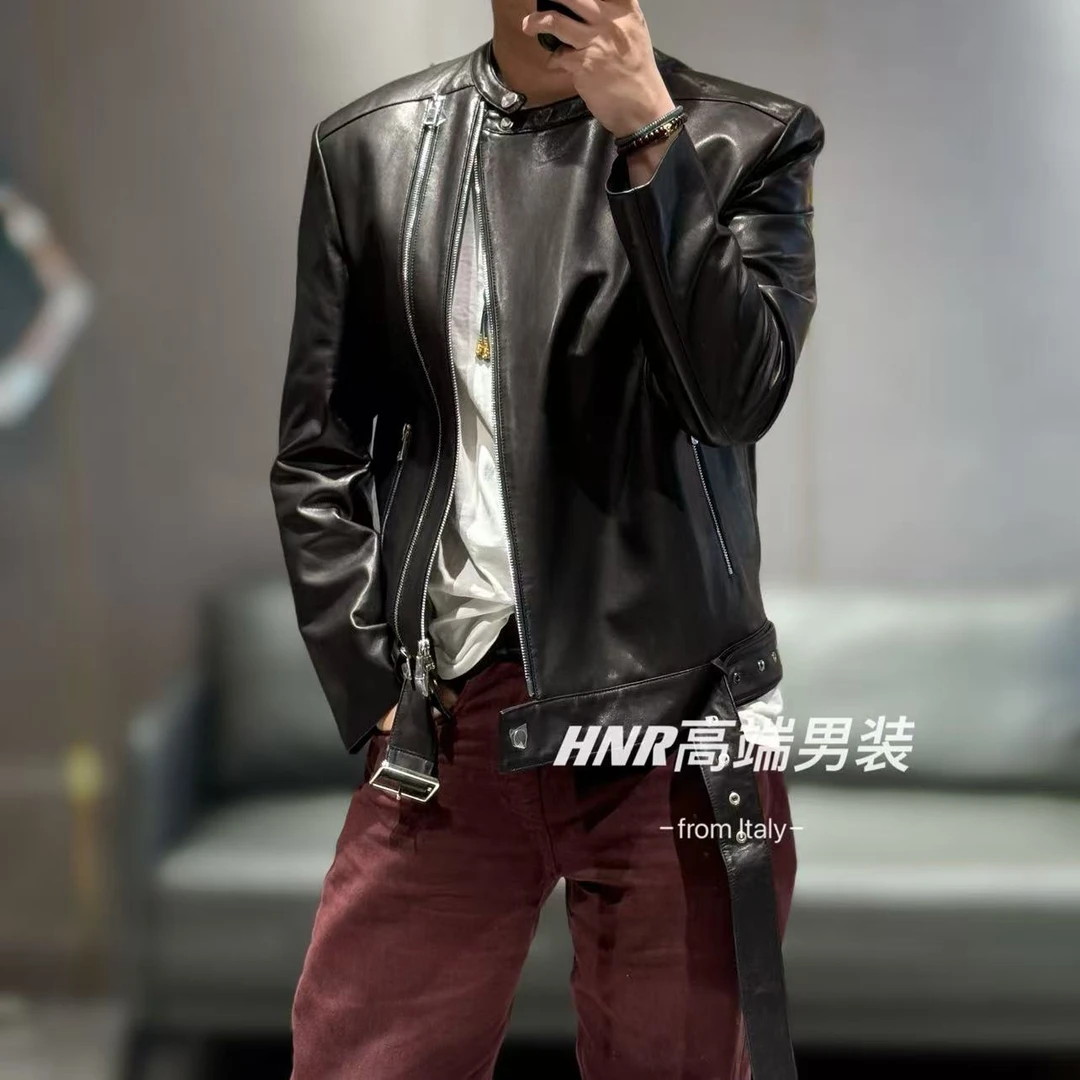 【绵羊皮】高街潮流新款高端男士纯色休闲百搭皮衣外套2423-3