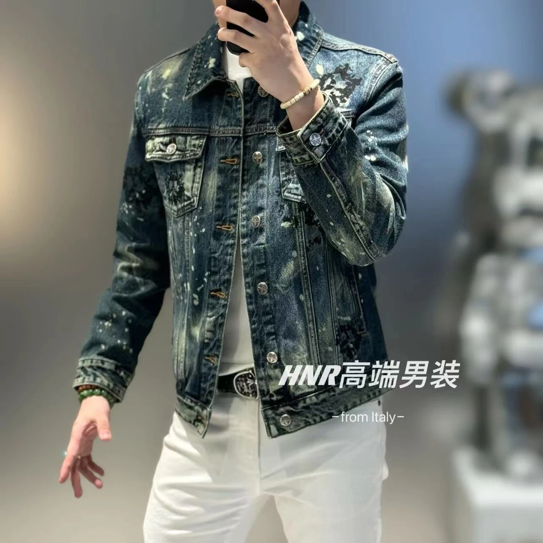喷漆重工艺图案新款高端男士秋季返潮复古百搭牛仔夹克86756