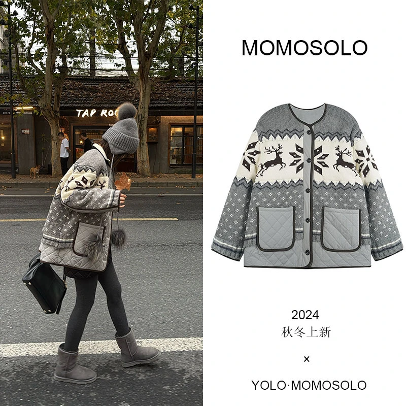 MOMOSOLO•挪威之夜•复古提花拼接外套秋冬新款YM302