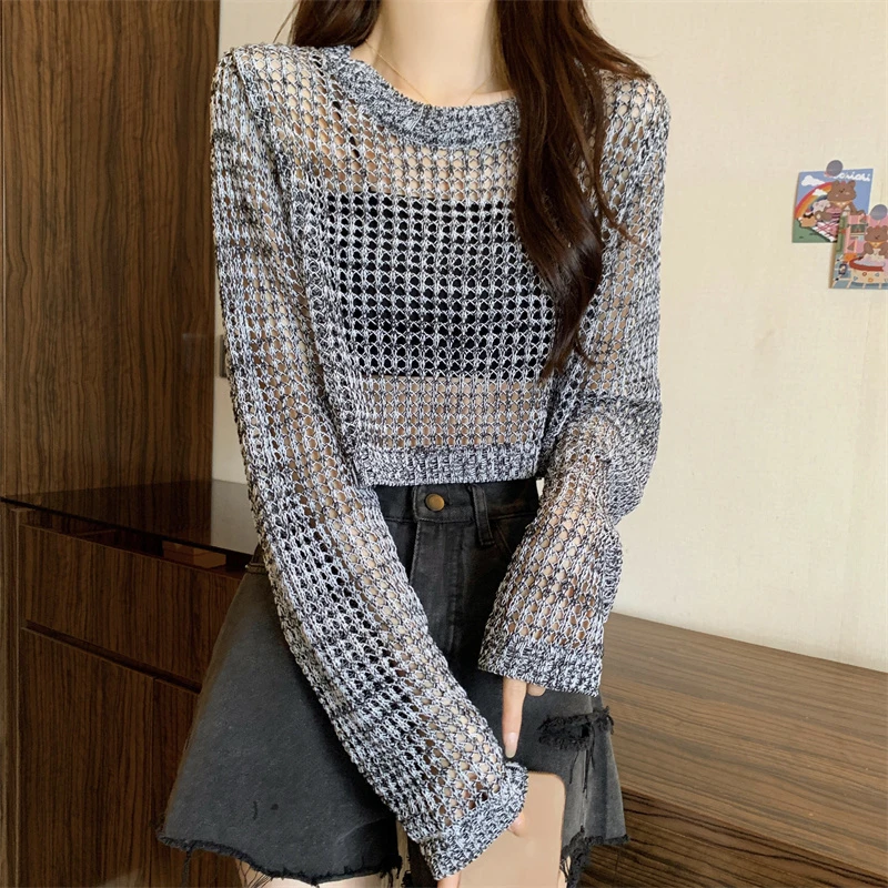 夏季辣妹短款镂空薄款防晒T恤衫女2025新款复古洋气露脐罩衫上衣