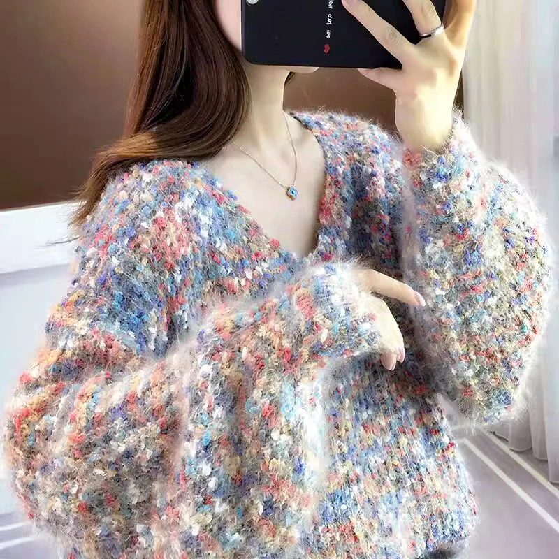 秋冬V领洋气慵懒风长袖针织衫毛衣女韩版宽松时尚套头加厚ins上衣